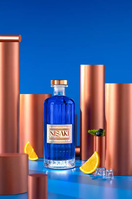 Nisaki Gin Bottle in a studio